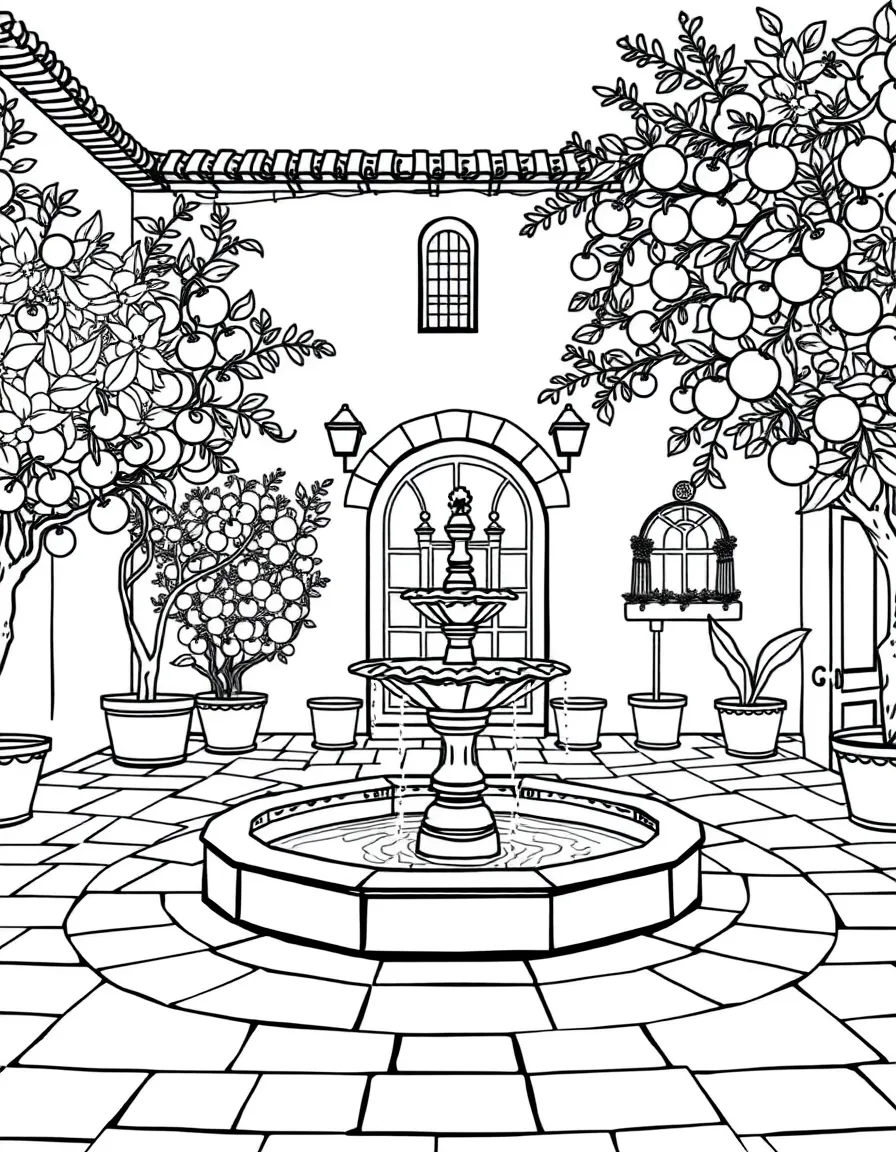 (Spain) An Andalusian courtyard with a fountain and orange trees.