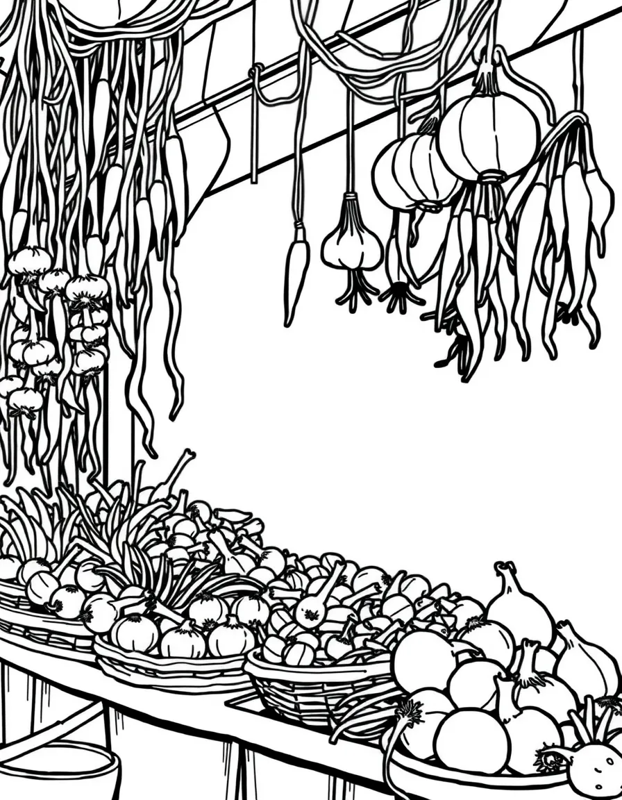 (Spain) A market stall with strings of garlic, chili peppers, and onions.