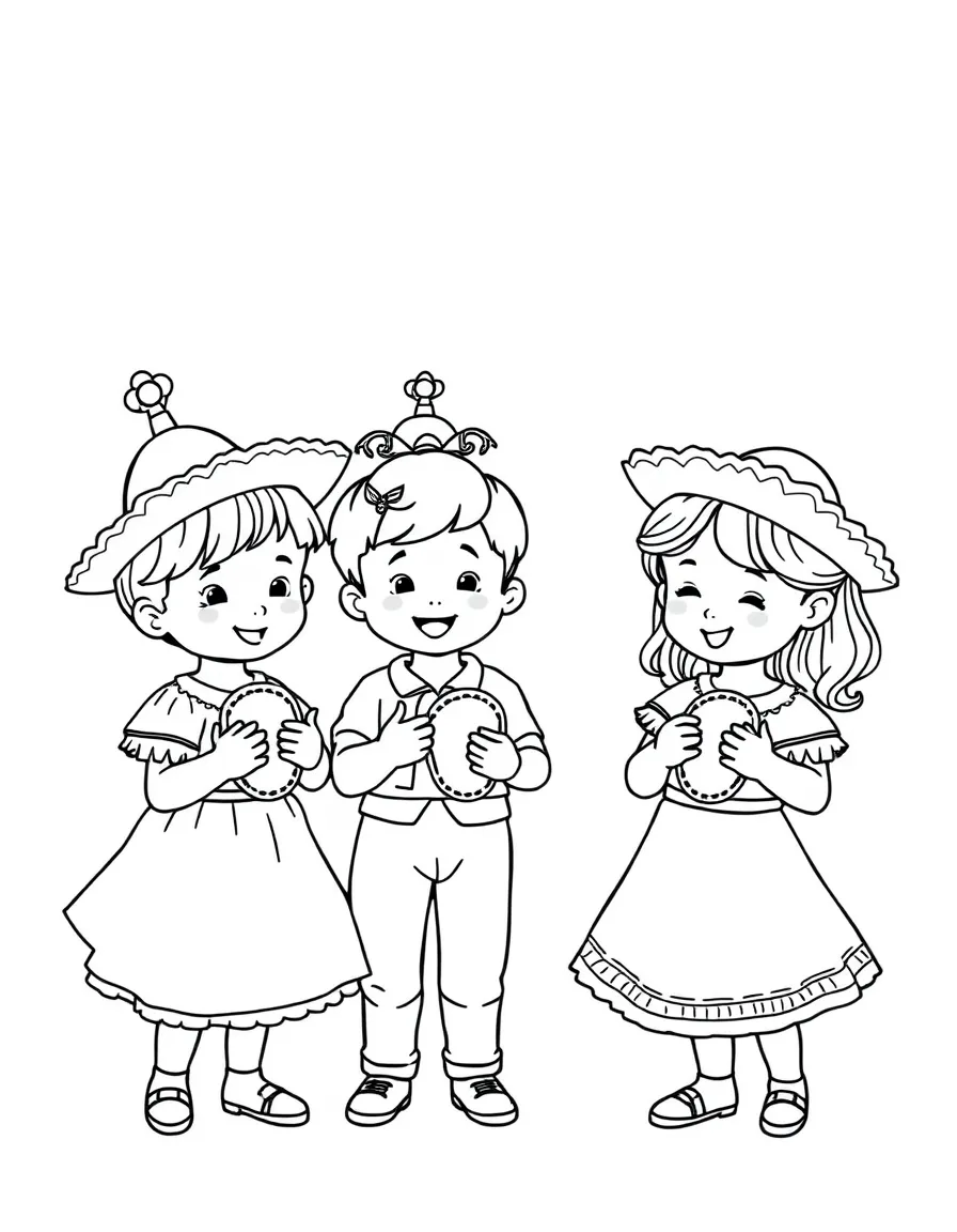 (Spain) Children playing with castanets and wearing little flamenco hats.