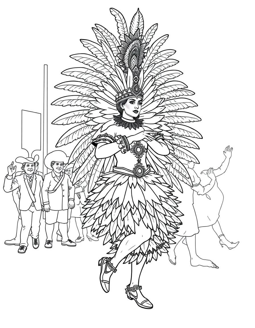 (Spain) A carnival performer in a vibrant feathered costume dancing in a parade.