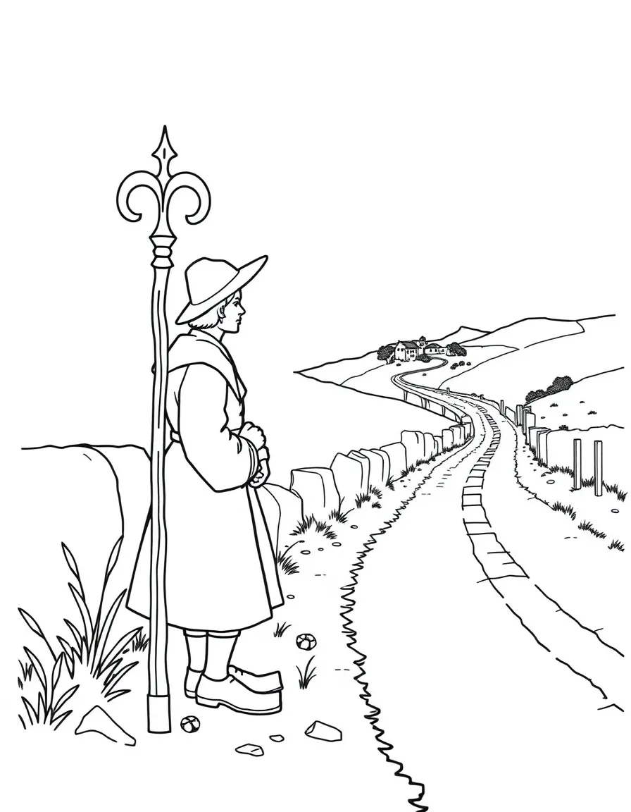 (Spain) A pilgrim’s scallop shell and walking stick resting by a country road.