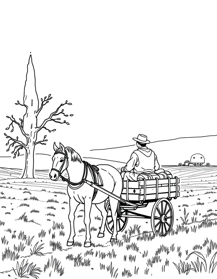 (Spain) A farmer riding a horse-drawn cart through a rural field.