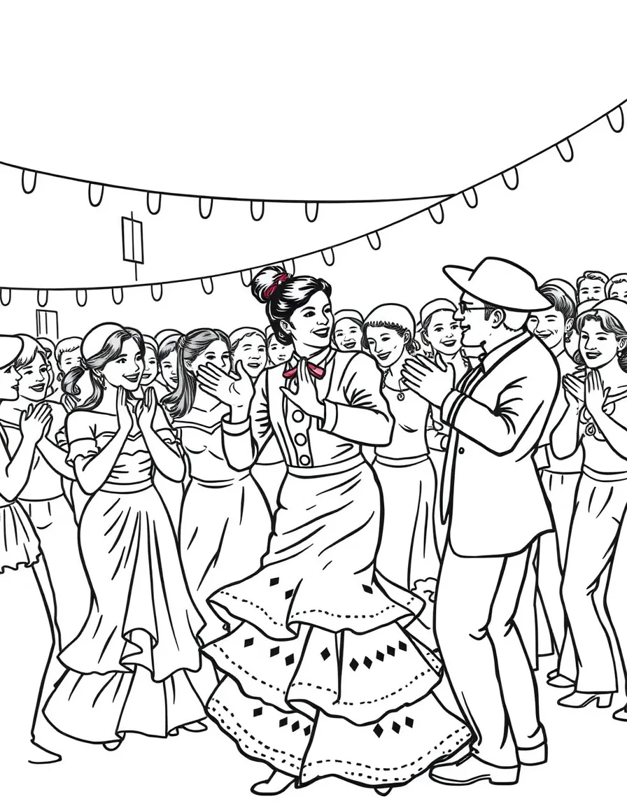 (Spain) A joyful crowd clapping and dancing flamenco together at a festival.