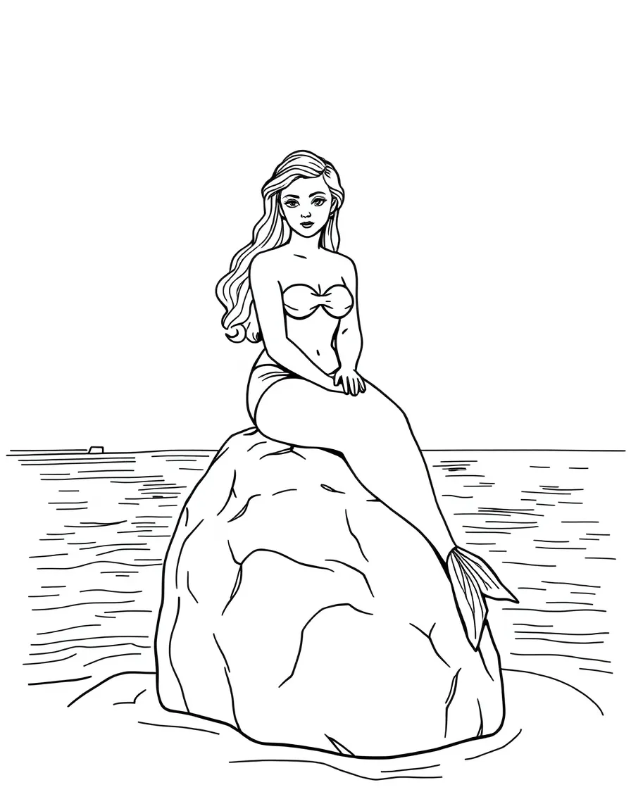 (Denmark) The Little Mermaid statue sitting on a rock by the sea.