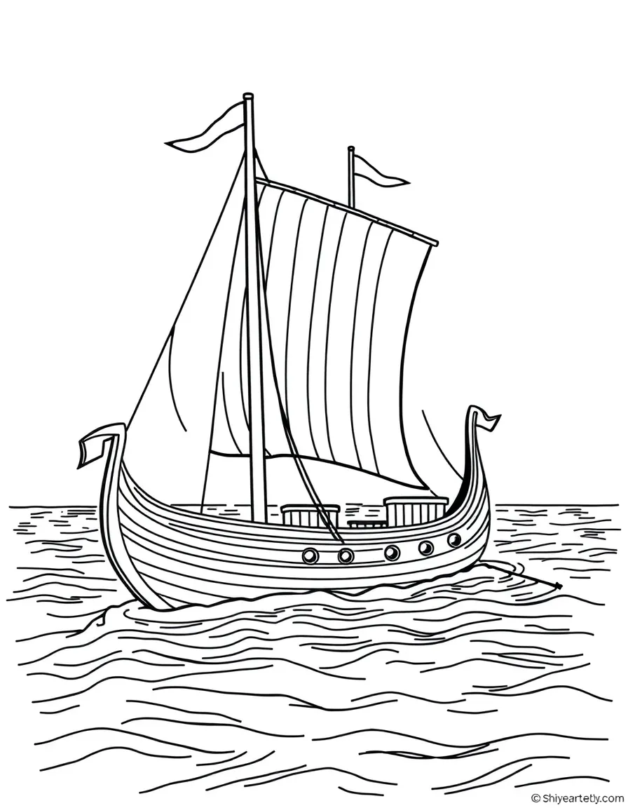 (Denmark) A Viking longship with striped sails sailing on the ocean.