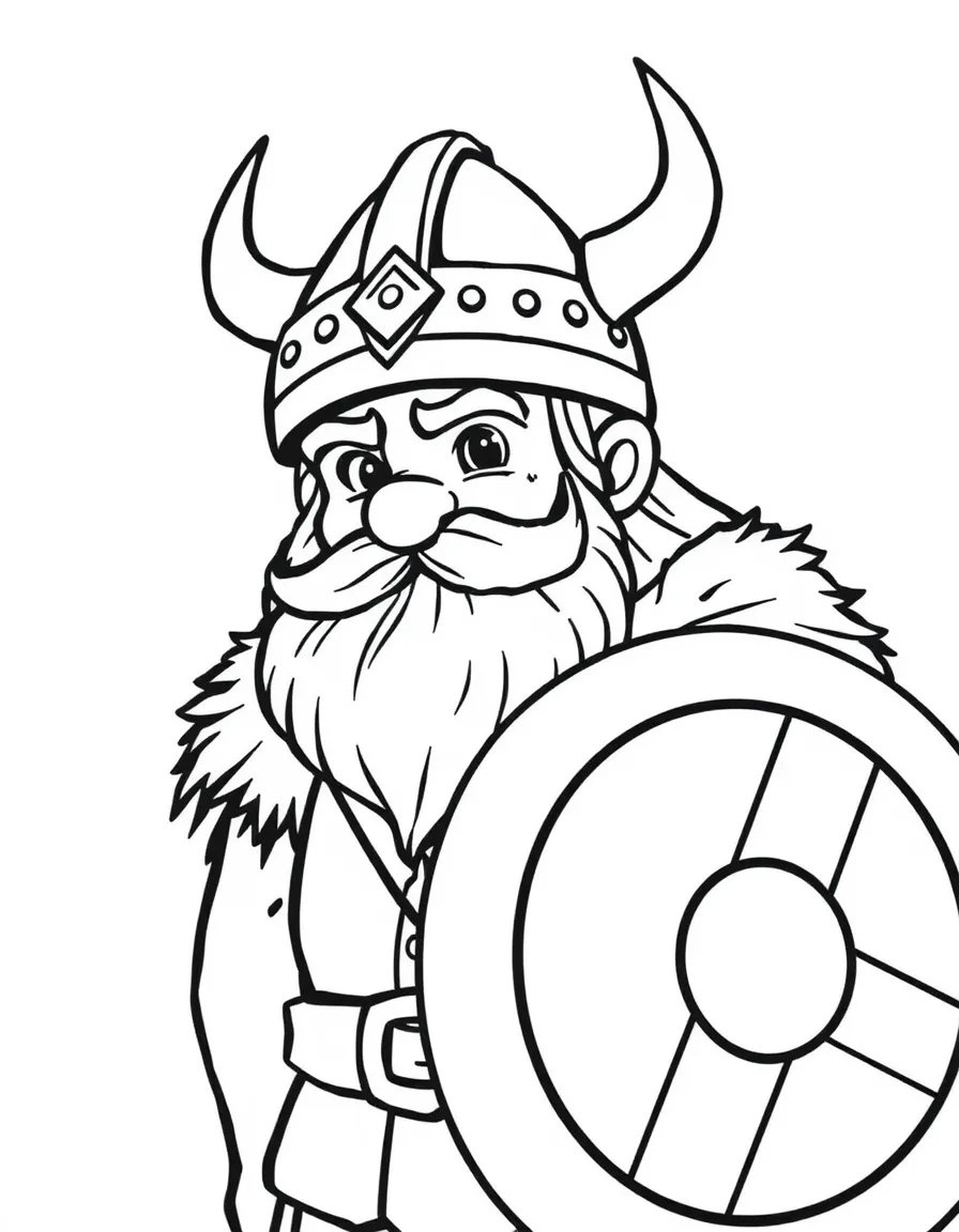 (Denmark) A friendly Viking warrior with a helmet and round shield.