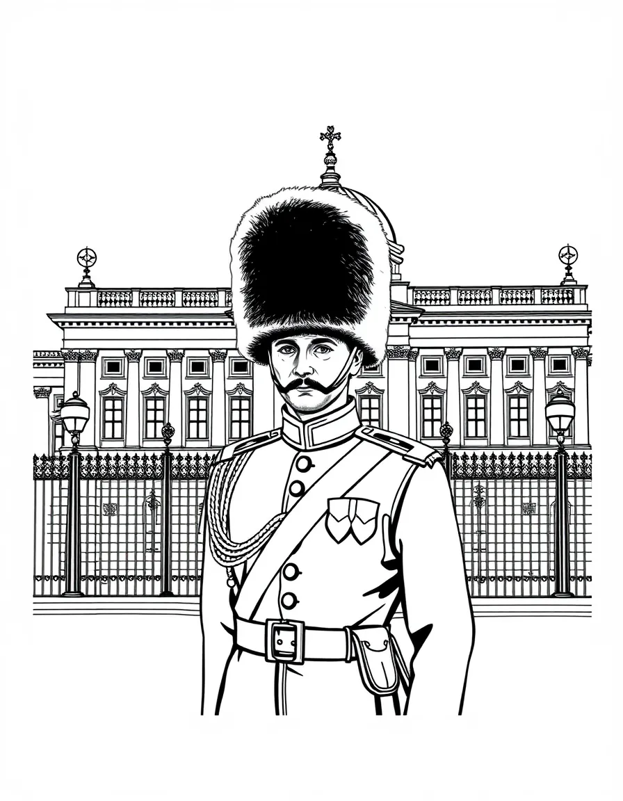 (Denmark) A Royal Guard soldier with a bearskin hat standing at Amalienborg Palace.
