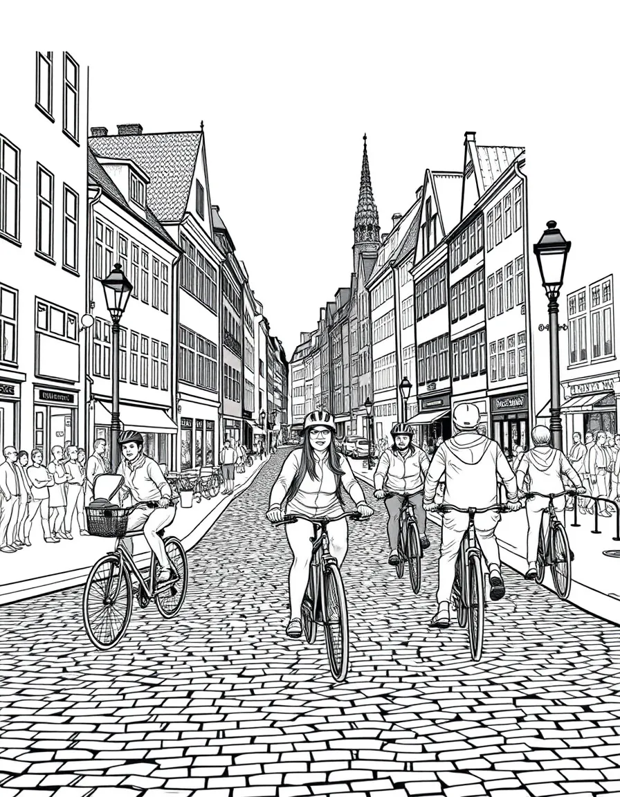 (Denmark) People riding bicycles on a cobbled street in Copenhagen.