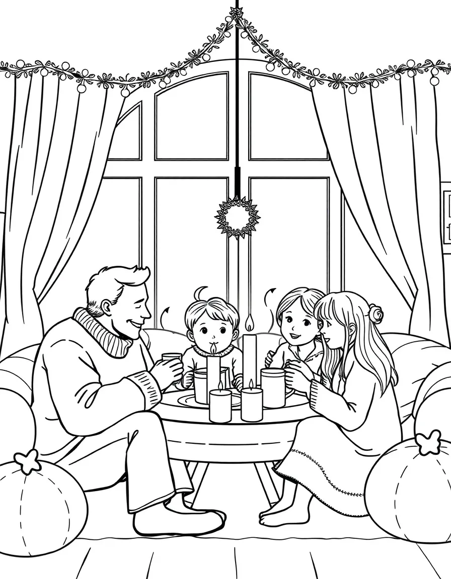 (Denmark) A family enjoying a cozy hygge evening with candles and cocoa.