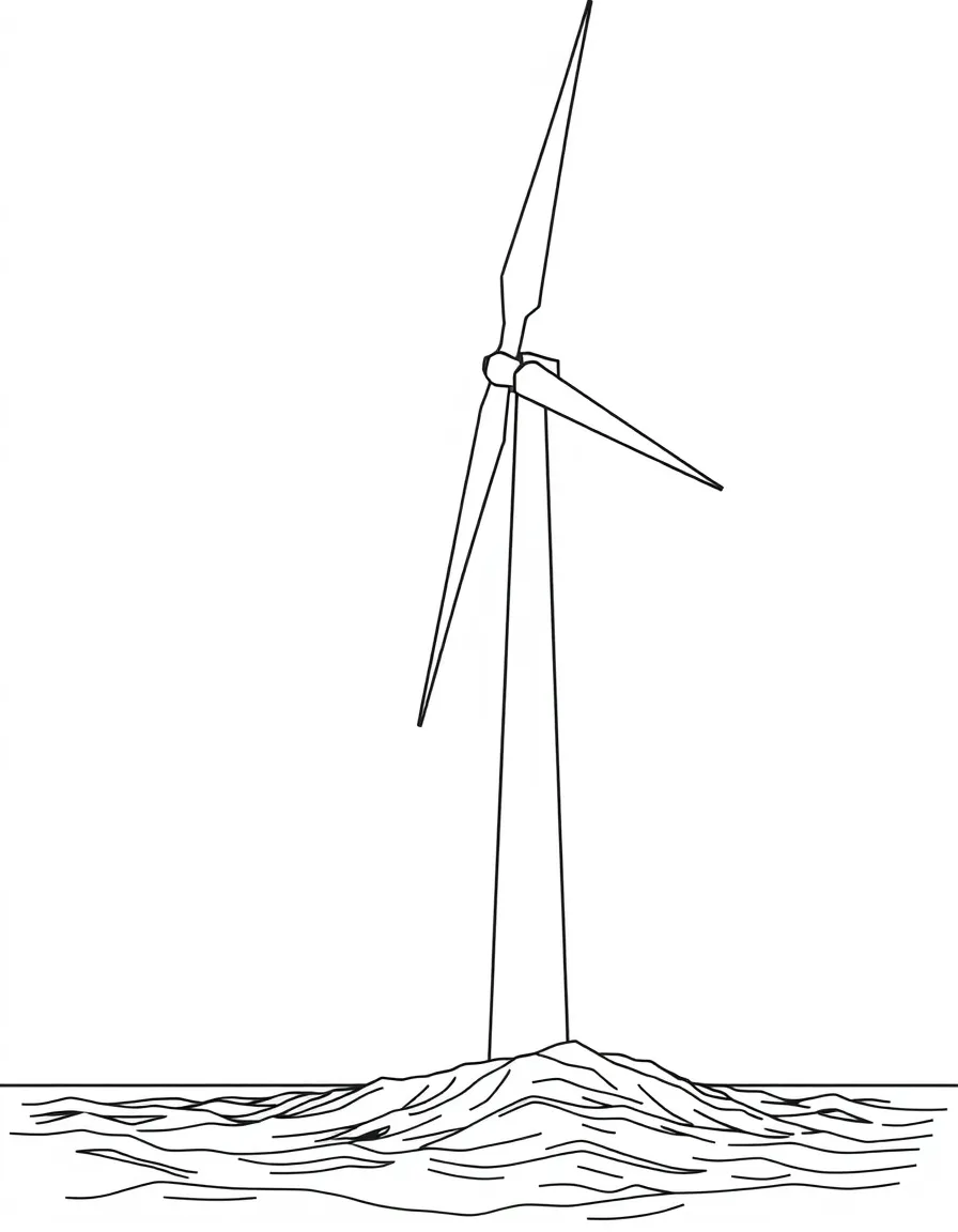 (Denmark) A tall white wind turbine turning on a windy seashore.