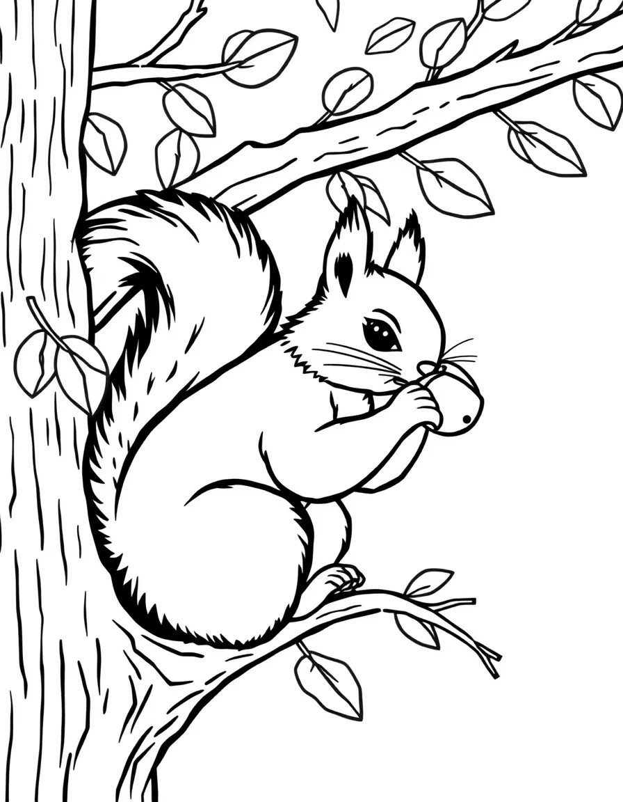 (Denmark) A cute red squirrel (national mammal) nibbling an acorn in a tree.