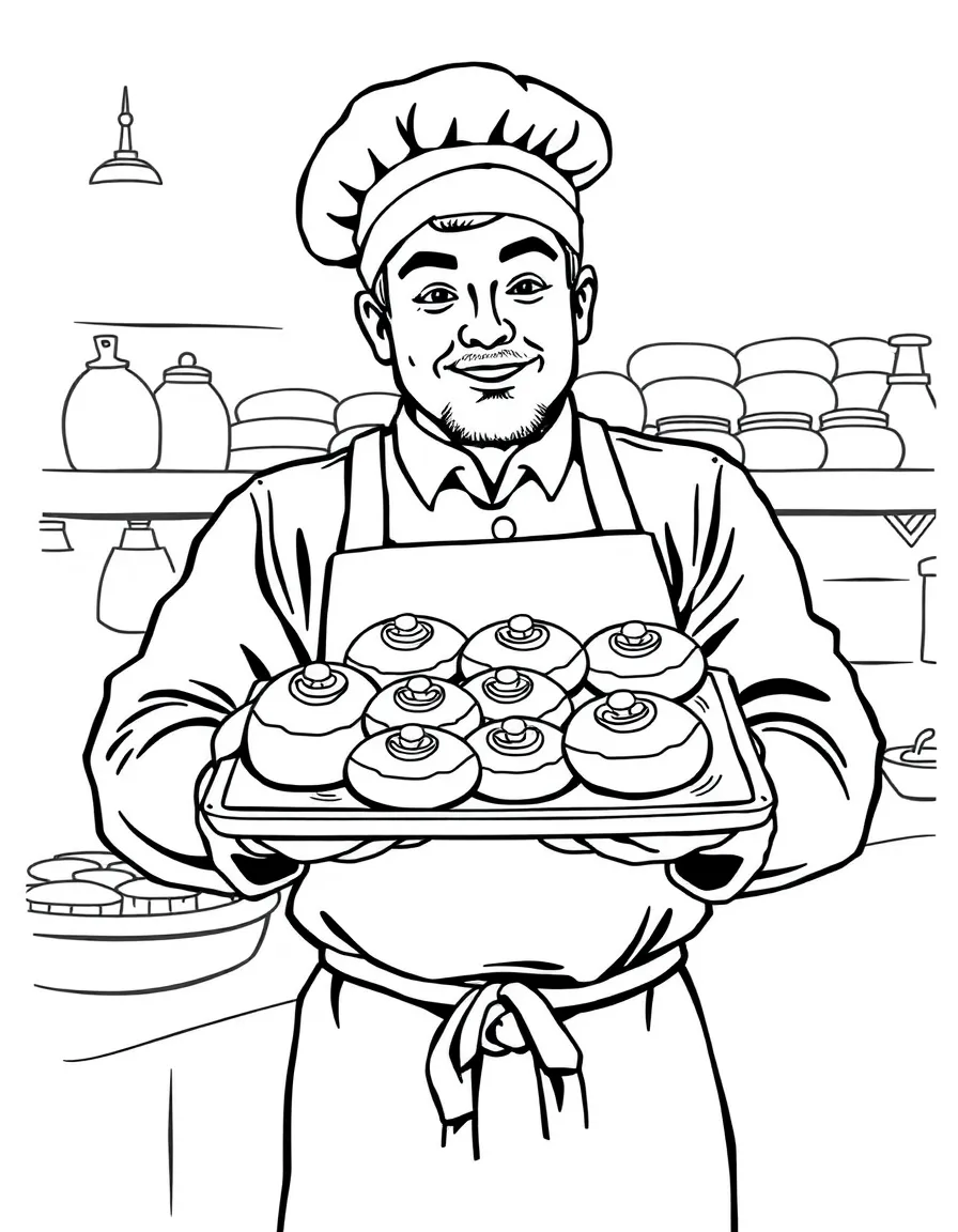 (Denmark) A baker presenting a tray of Danish pastries (danishes).