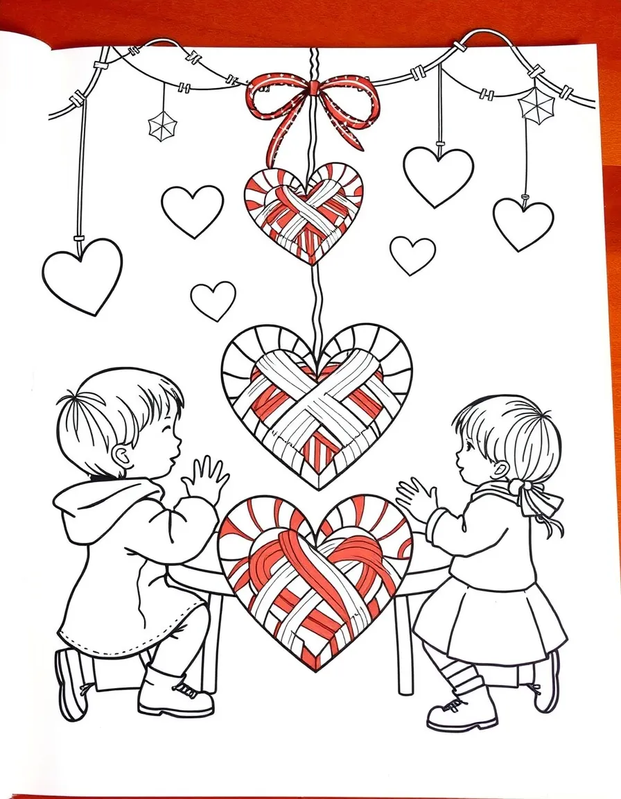 (Denmark) Children crafting red-and-white woven paper heart ornaments.
