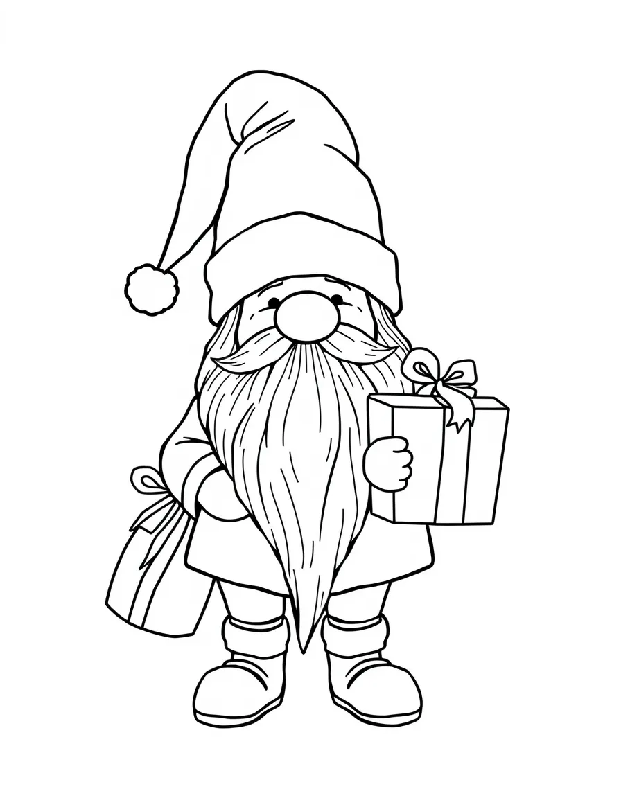 (Denmark) A Christmas gnome (nisse) with a long beard and red cap carrying gifts.
