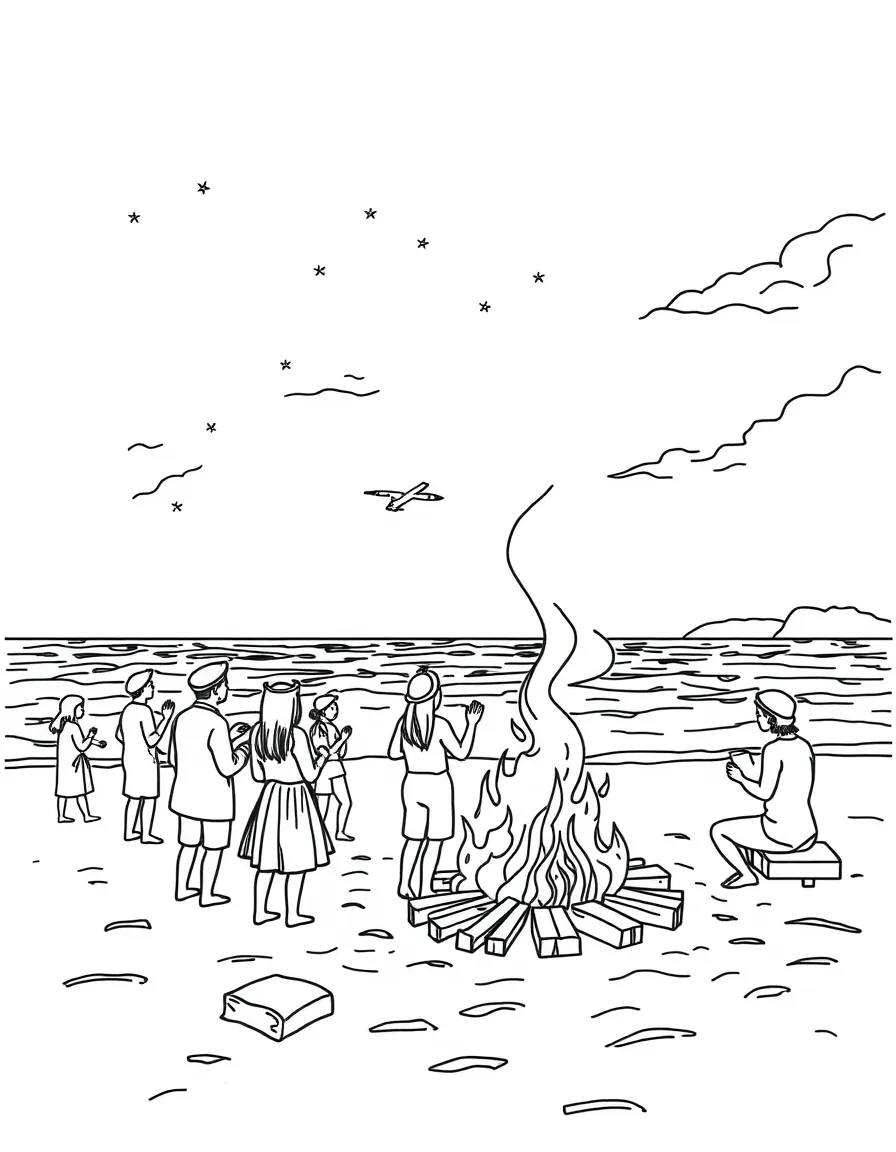 (Denmark) A bright Midsummer bonfire on a beach with people singing.