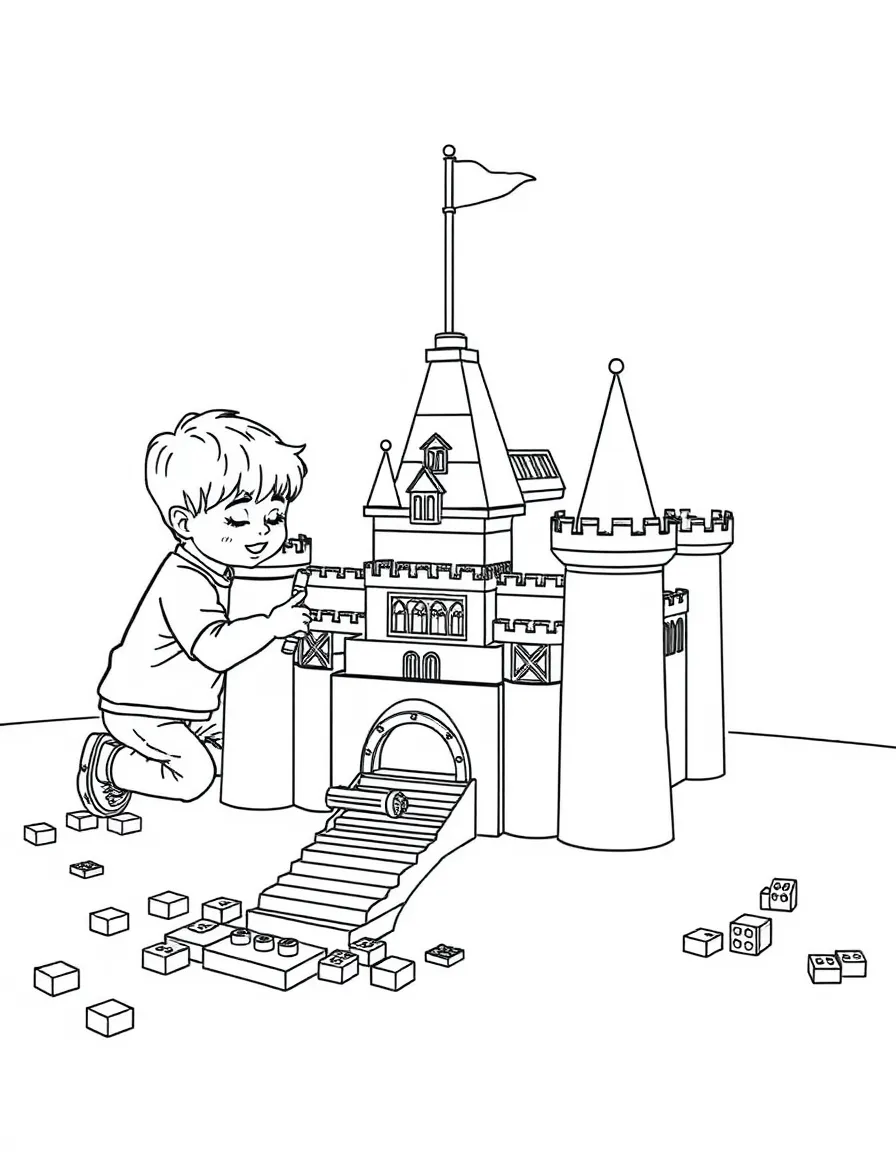 (Denmark) Kids building a castle out of LEGO bricks on the floor.
