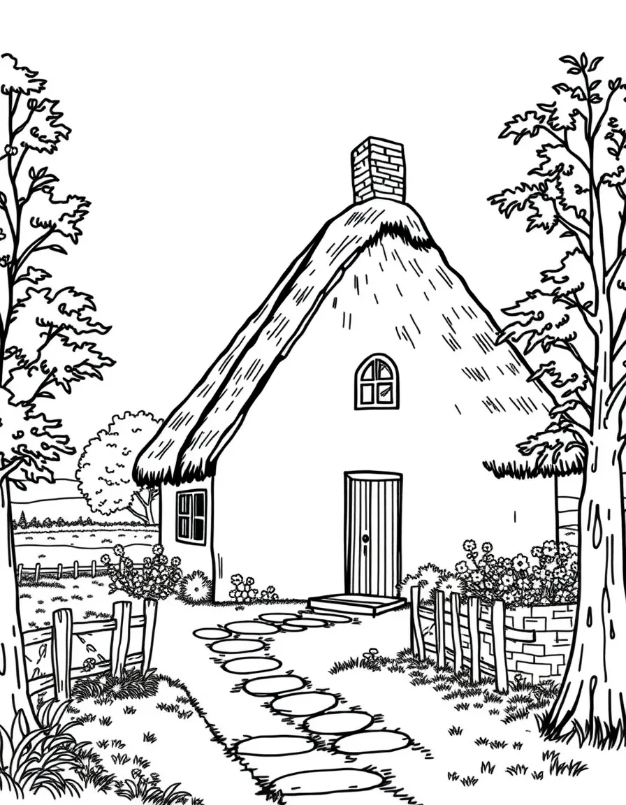 (Denmark) A quaint farmhouse with a thatched roof in the countryside.