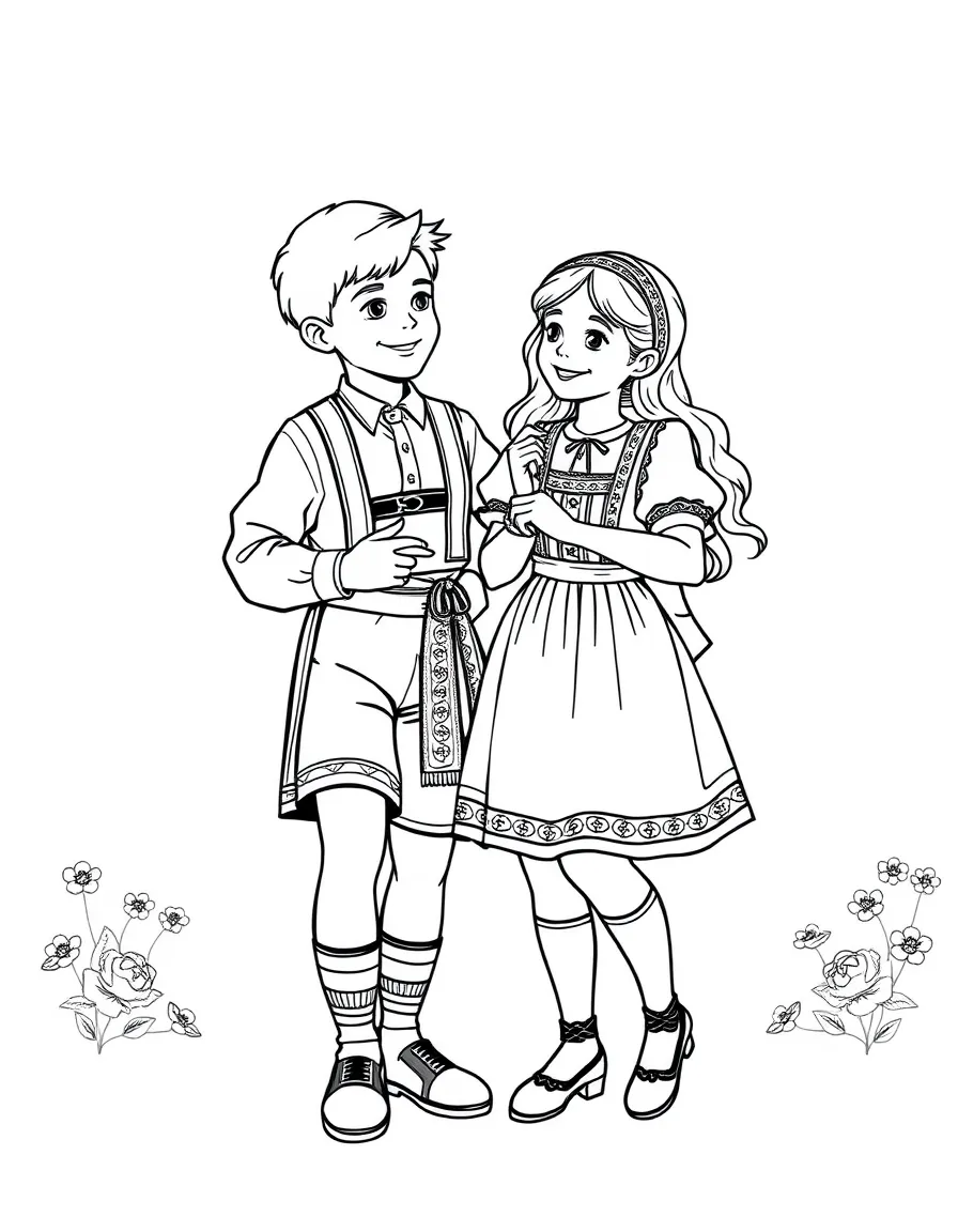 (Denmark) A boy and girl in traditional Danish folk costumes dancing.