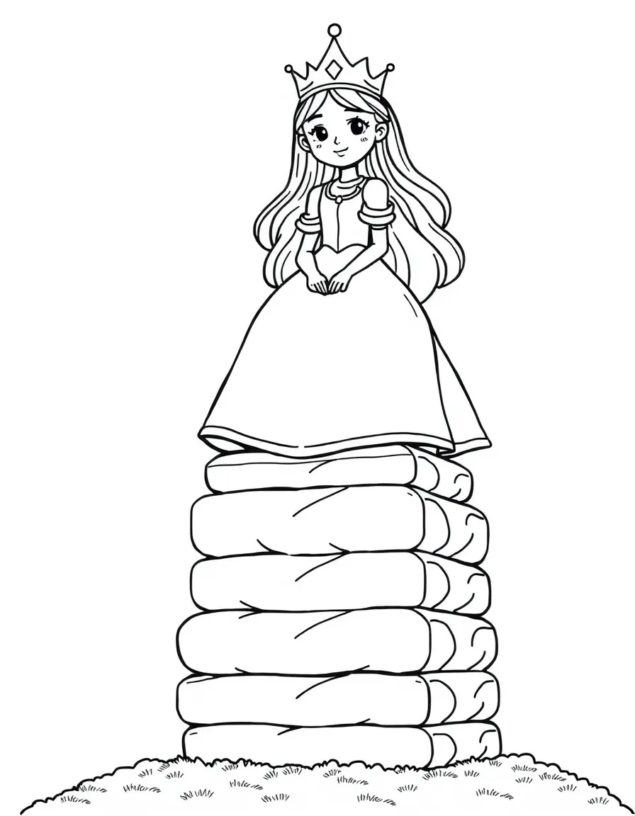 (Denmark) The princess from “The Princess and the Pea” on a tall stack of mattresses.