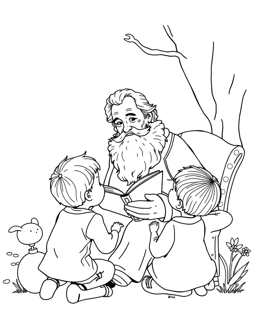 (Denmark) Hans Christian Andersen reading a storybook to children.