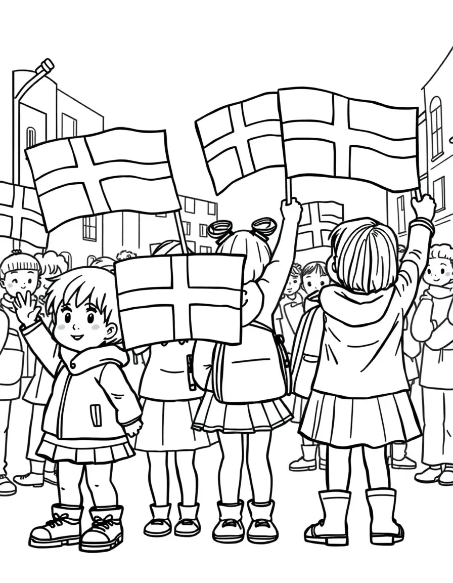 (Denmark) Children waving Danish flags at a festive parade.