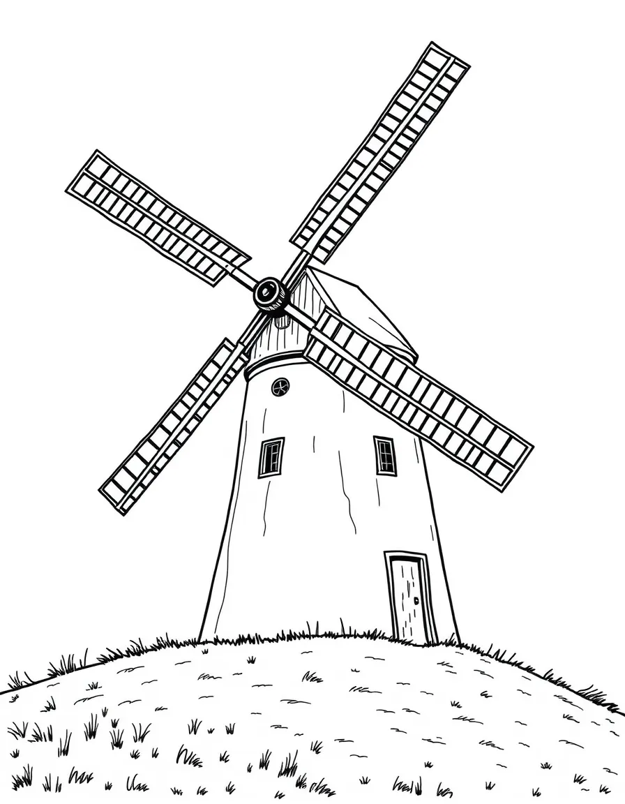 (Denmark) An old windmill with wooden sails on a grassy hill.