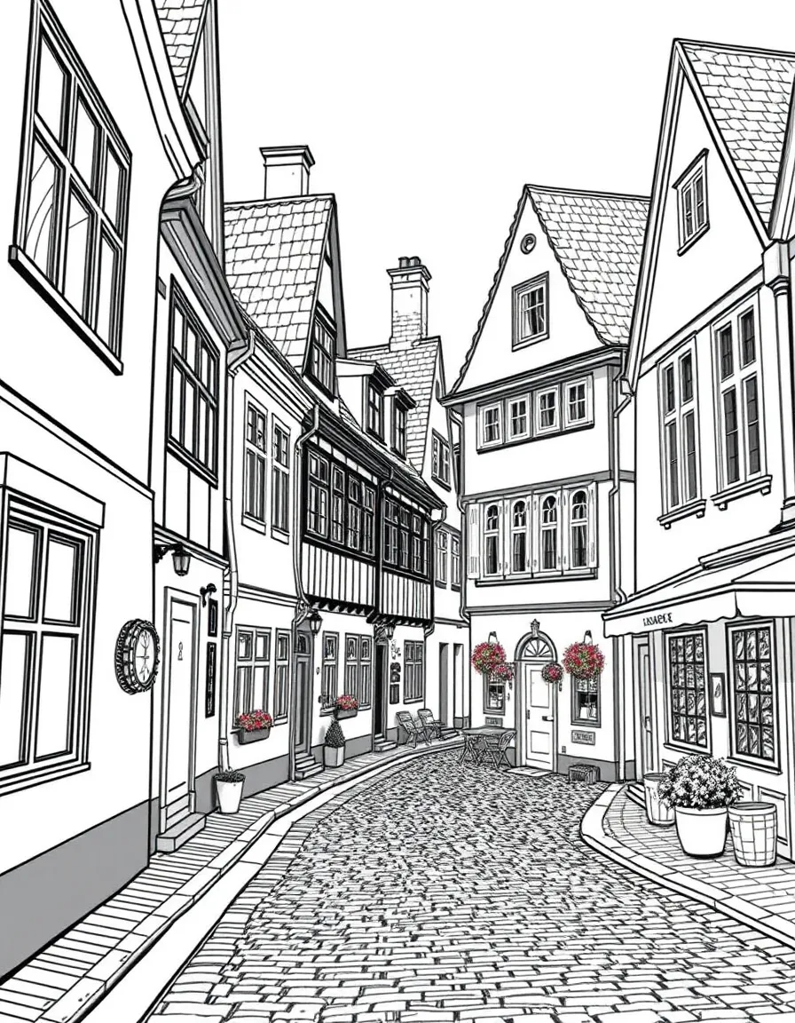 (Denmark) An old cobblestone street with pretty, half-timbered houses.