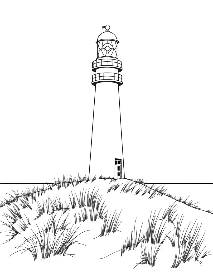 (Denmark) A lighthouse standing on a sandy dune by the North Sea coast.