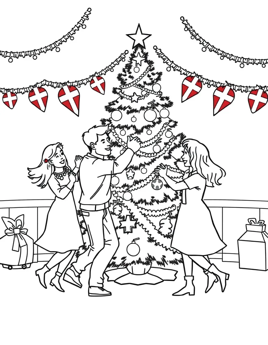 (Denmark) A family dancing around a Christmas tree with Danish flag garlands.
