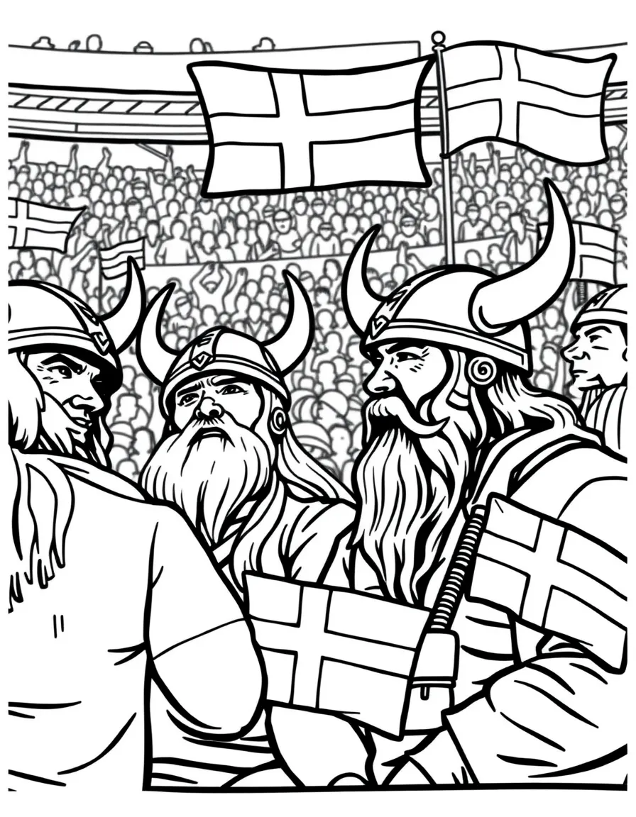 (Denmark) Fans wearing Viking helmets and Danish flags cheering at a game.