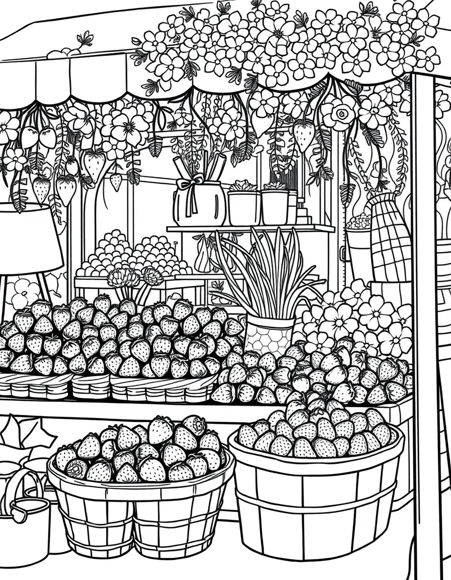 (Denmark) A market stall with baskets of fresh strawberries and flowers.