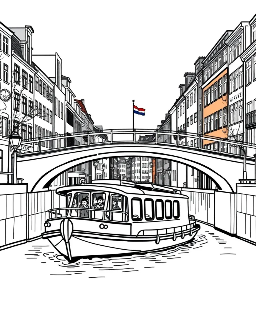 (Denmark) A canal tour boat passing under a low bridge in Copenhagen.