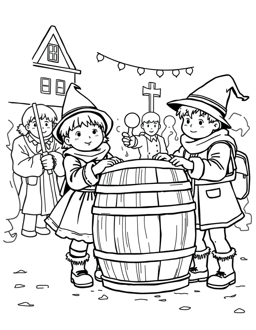(Denmark) Children dressed up and hitting a barrel for Fastelavn (Carnival).