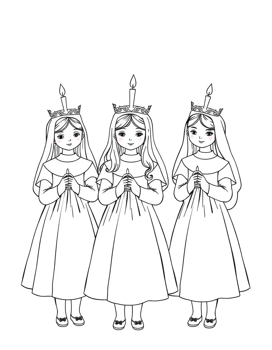 (Denmark) Girls in white dresses with candle crowns for Saint Lucia Day.