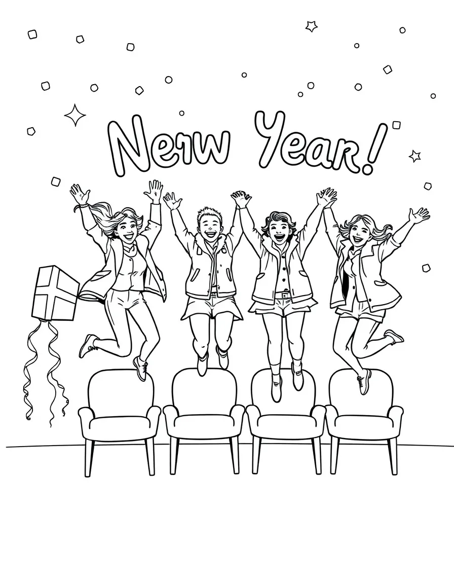 (Denmark) Friends playfully jumping off chairs to “jump into the New Year”.