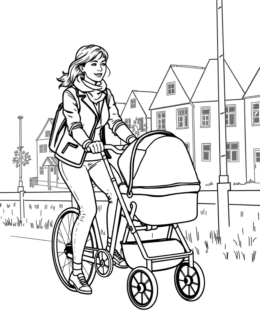 (Denmark) A mother pushing a baby pram while biking, typical in Denmark.
