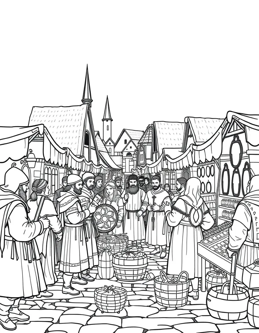 (Denmark) A bustling Viking market with people in costume selling crafts and goods.