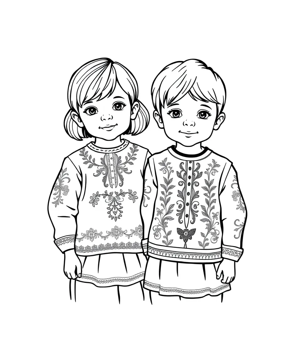 (Ukraine) Two children wearing colorful embroidered shirts (vyshyvankas).