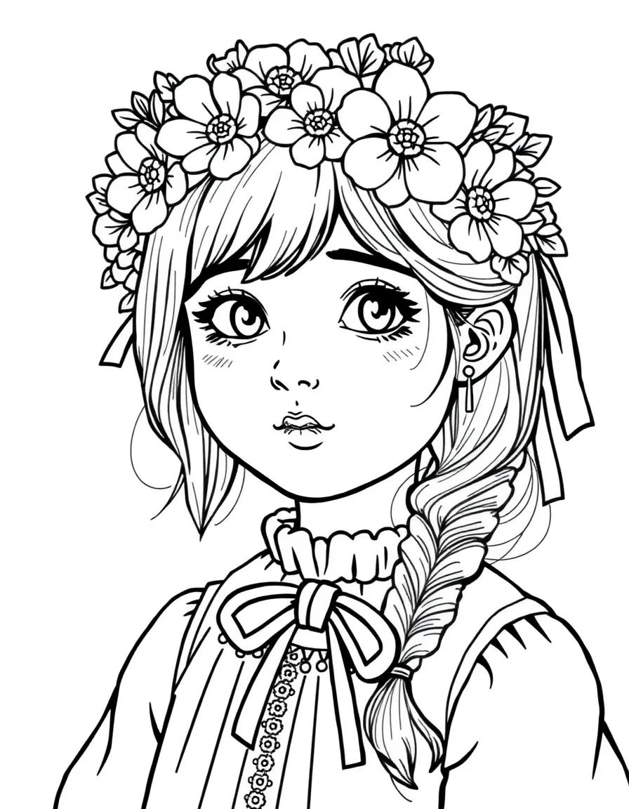 (Ukraine) A young girl with a flower crown (vinok) and ribbons in her hair.