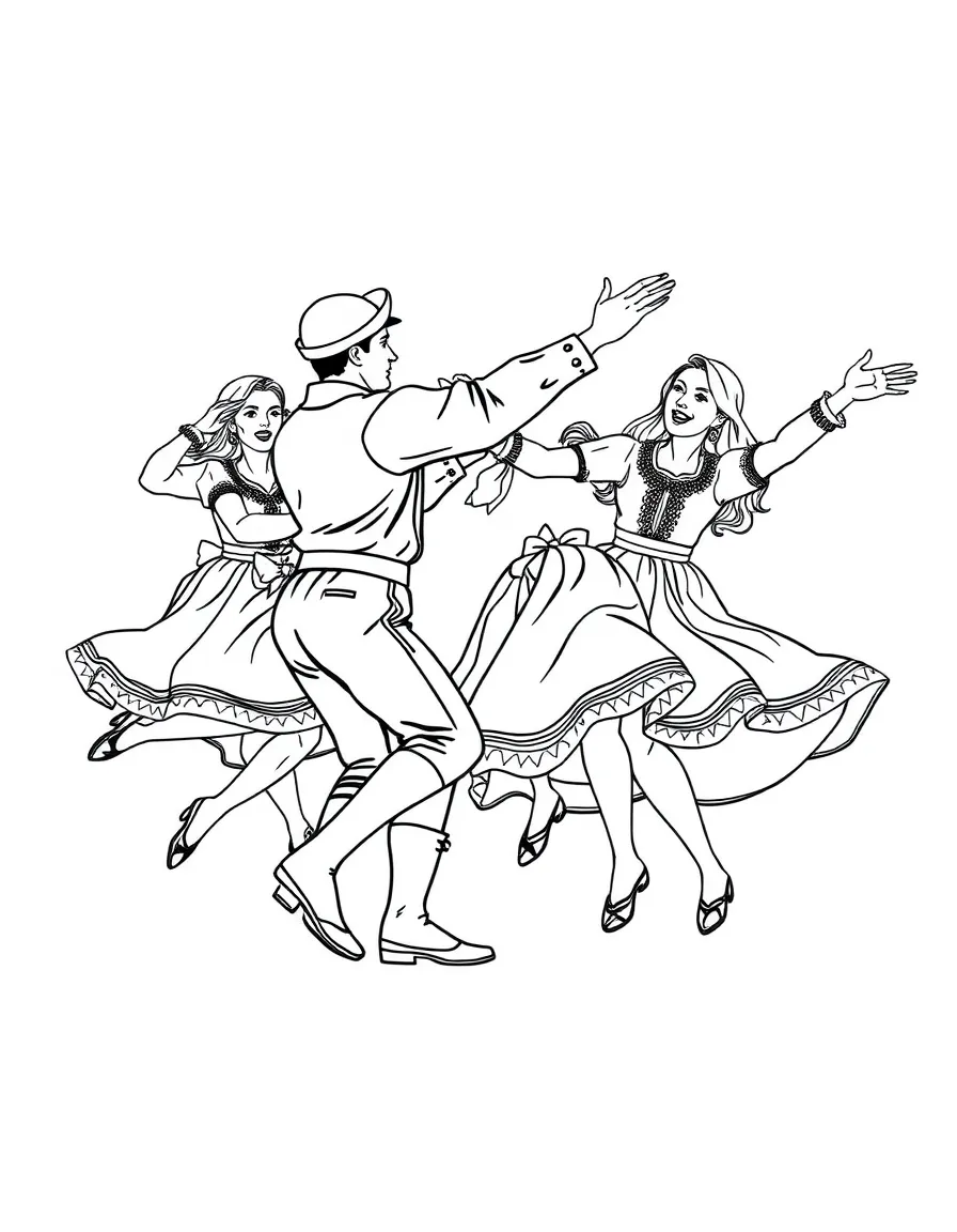 (Ukraine) Dancers performing a lively Hopak dance with high leaps.