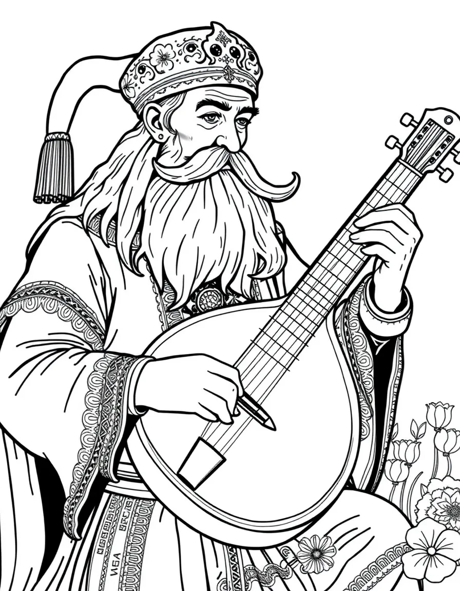 (Ukraine) A Cossack with a long mustache playing a bandura (folk lute).