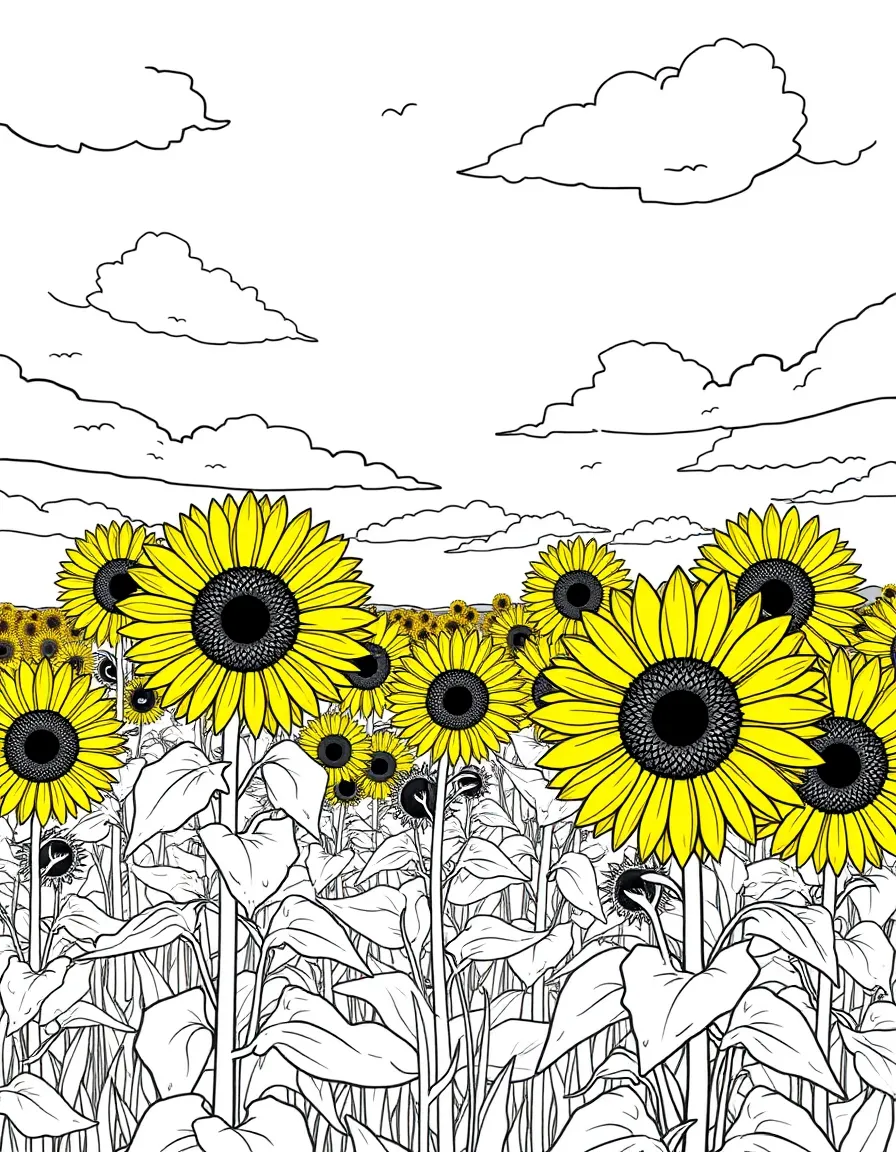 (Ukraine) A wide field of bright sunflowers under a blue summer sky.