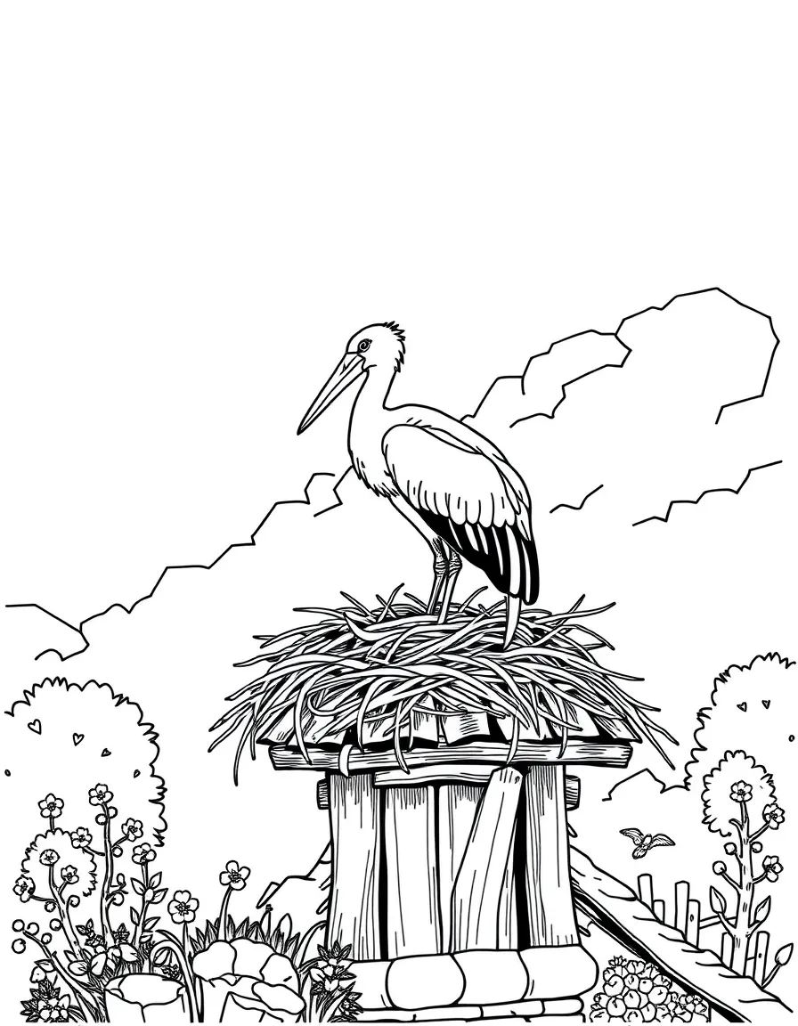 (Ukraine) A white stork nesting on a cottage roof in a village.