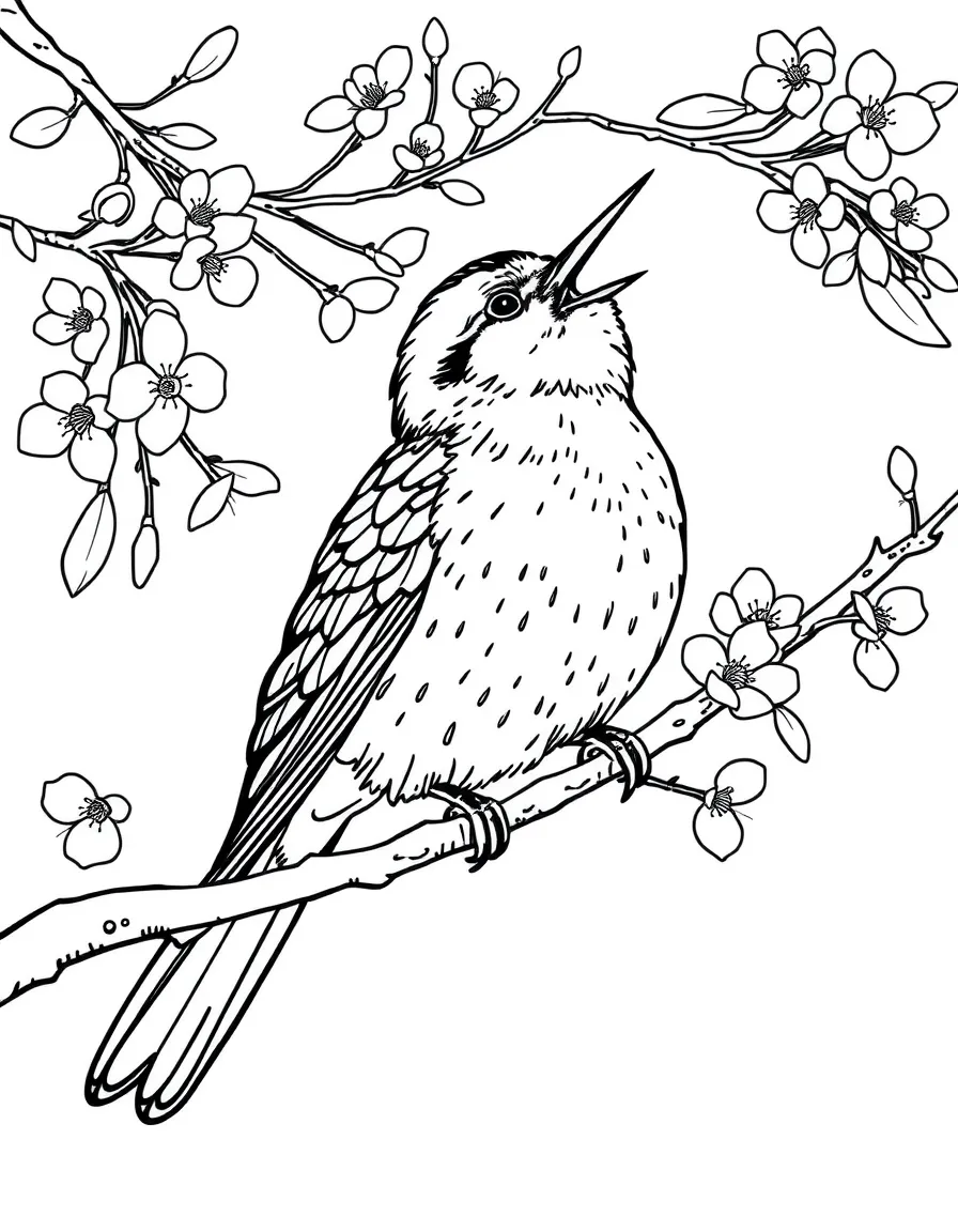 (Ukraine) A nightingale singing on a branch of a blooming tree.