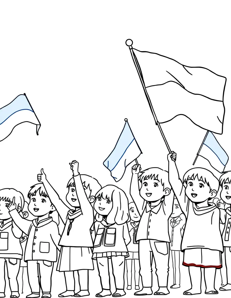 (Ukraine) Children waving Ukrainian flags at an Independence Day parade.