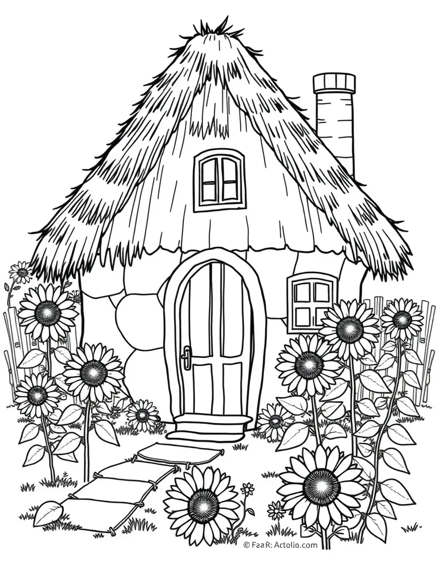 (Ukraine) A cozy cottage with a thatched roof and sunflowers in the yard.