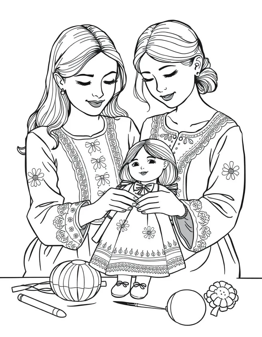 (Ukraine) A mother and daughter making a motanka rag doll together.