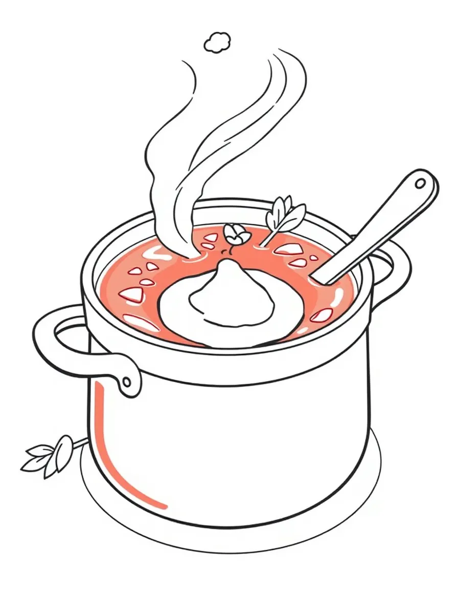 (Ukraine) A steaming pot of red borscht soup with sour cream on top.
