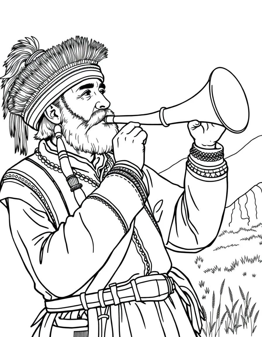(Ukraine) A Hutsul highlander blowing a long trembita horn in the Carpathians.