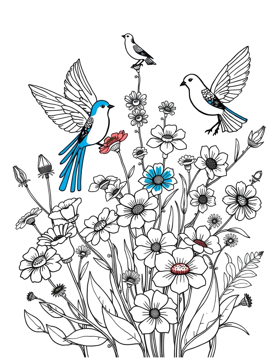 (Ukraine) A colorful Petrykivka folk art painting of flowers and birds.